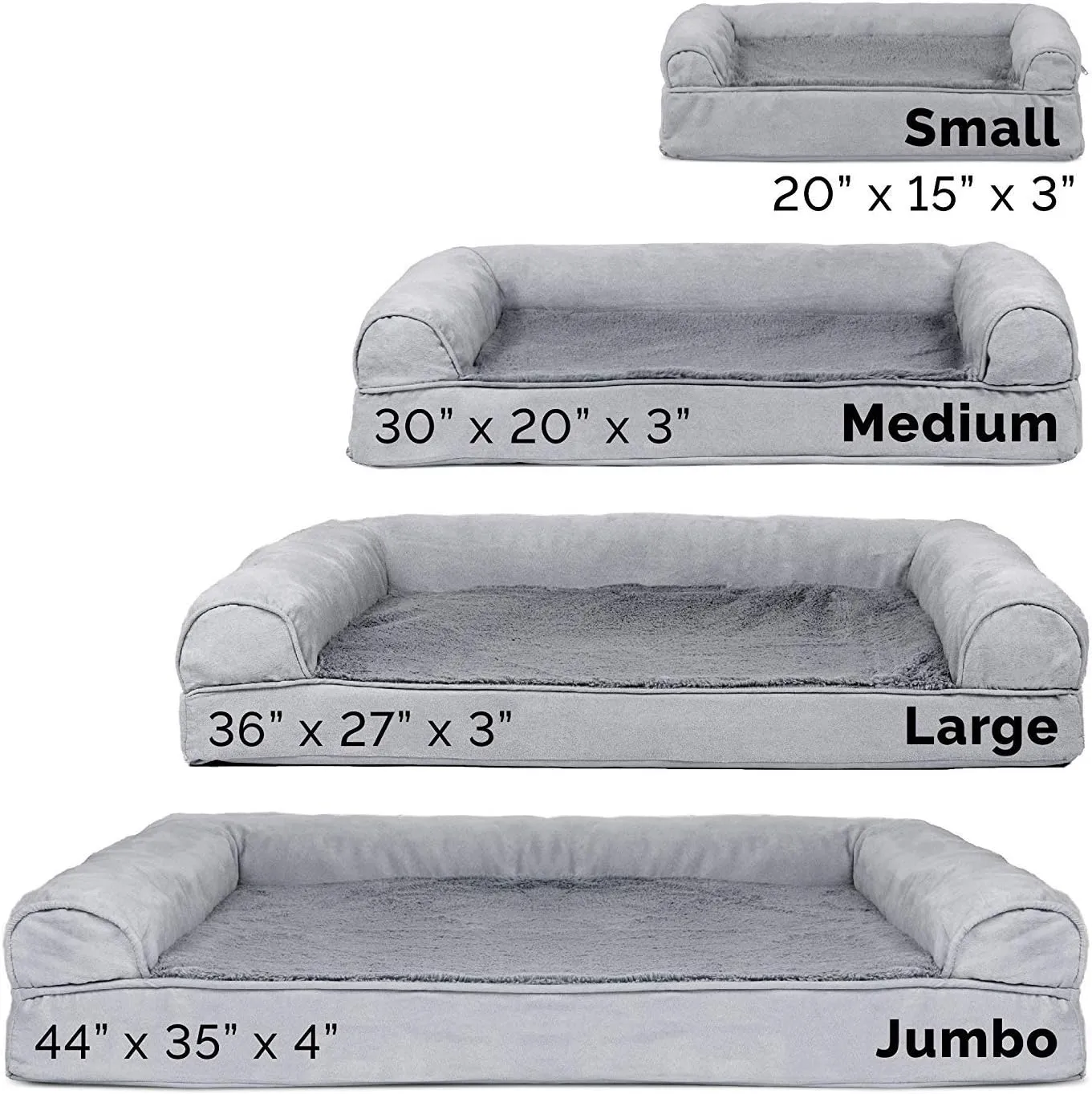 Furhaven Cooling Gel Dog Bed for Large Dogs w/ Removable Bolsters & Washable Cover, For Dogs Up to 95 lbs - Plush & Suede Sofa - Gray, Jumbo/XL