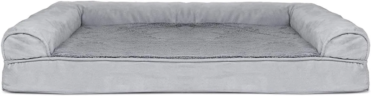 Furhaven Cooling Gel Dog Bed for Large Dogs w/ Removable Bolsters & Washable Cover, For Dogs Up to 95 lbs - Plush & Suede Sofa - Gray, Jumbo/XL