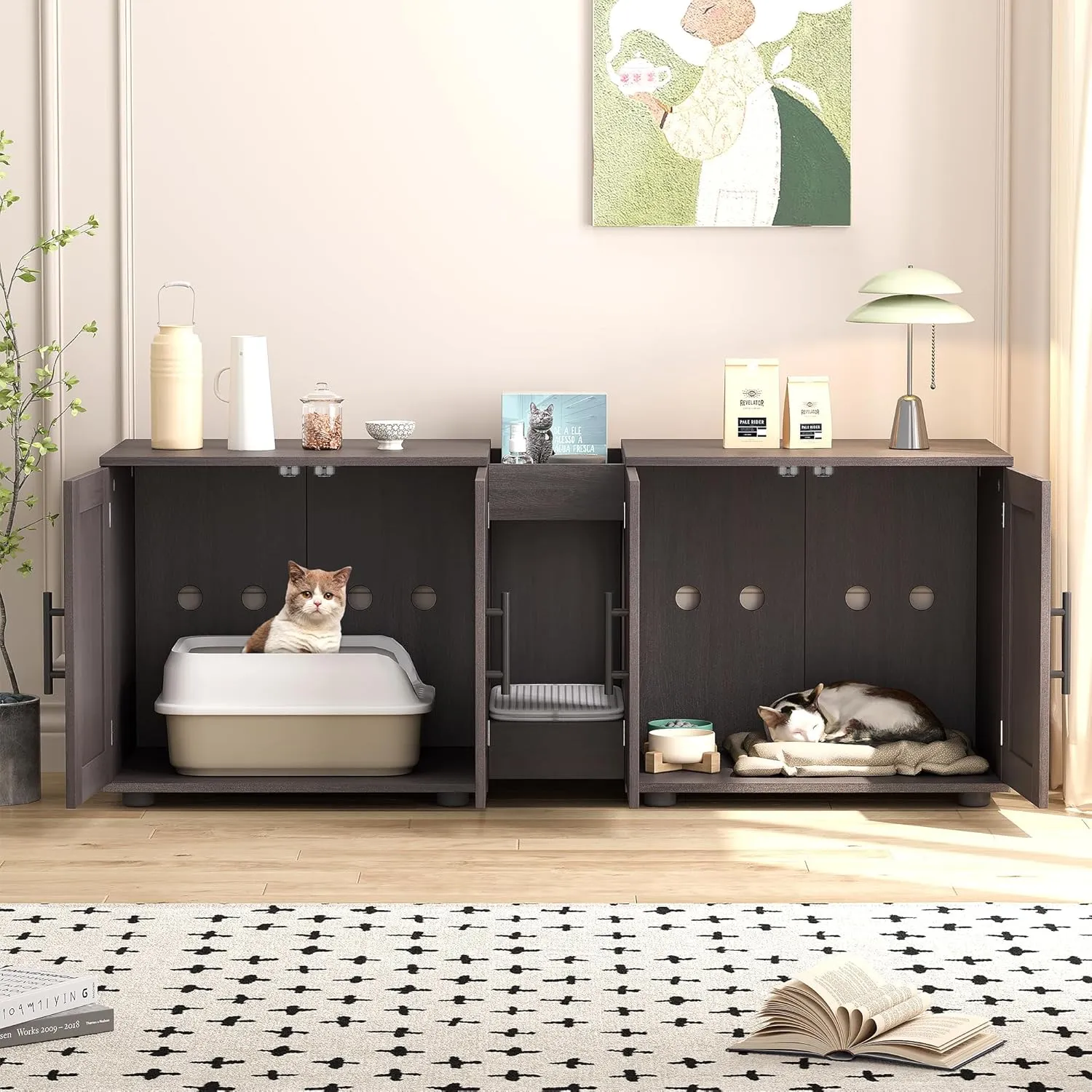 Gaomon Litter Box Enclosure with Double Room,Cat Hidden Litter Box Enclosure Furniture for 2 Cats with Double Room, 55L x 17.7W x 22.5H Cat House,Wooden Enclosed Cat Litter Box Furniture,Walnut