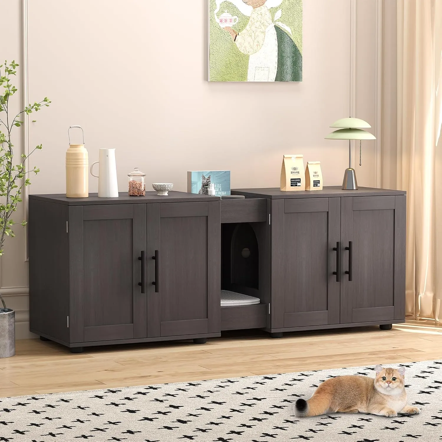 Gaomon Litter Box Enclosure with Double Room,Cat Hidden Litter Box Enclosure Furniture for 2 Cats with Double Room, 55L x 17.7W x 22.5H Cat House,Wooden Enclosed Cat Litter Box Furniture,Walnut