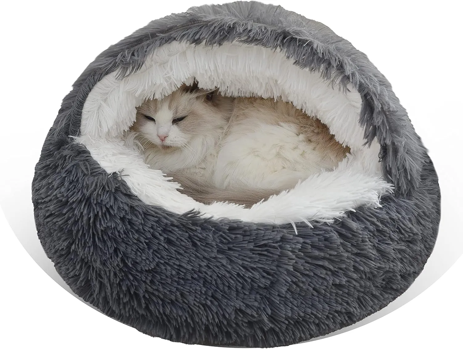 Gavenia Round Fluffy Hooded Cat Bed Cave, Donut for Indoor Cats, Calming Dog Beds, Anti-Slip Waterproof Bottom, Washable, 20in, Dark Grey