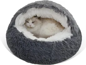 Gavenia Round Fluffy Hooded Cat Bed Cave, Donut for Indoor Cats, Calming Dog Beds, Anti-Slip Waterproof Bottom, Washable, 20in, Dark Grey
