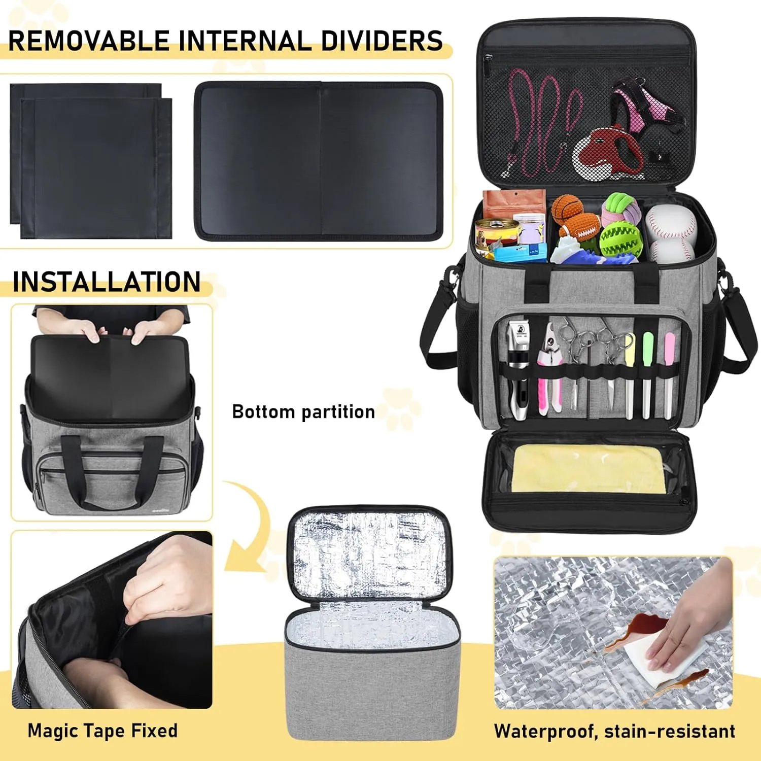 GMAK Pet Grooming Bag, Pets Grooming Tote Bags Supplies Organizer Case Dogs Cats Tools Organizer Tote for Pets Grooming Tools Kit, Clippers, Brush, Scissors or Other Pets Care Supplies, Grey(Bag Only)