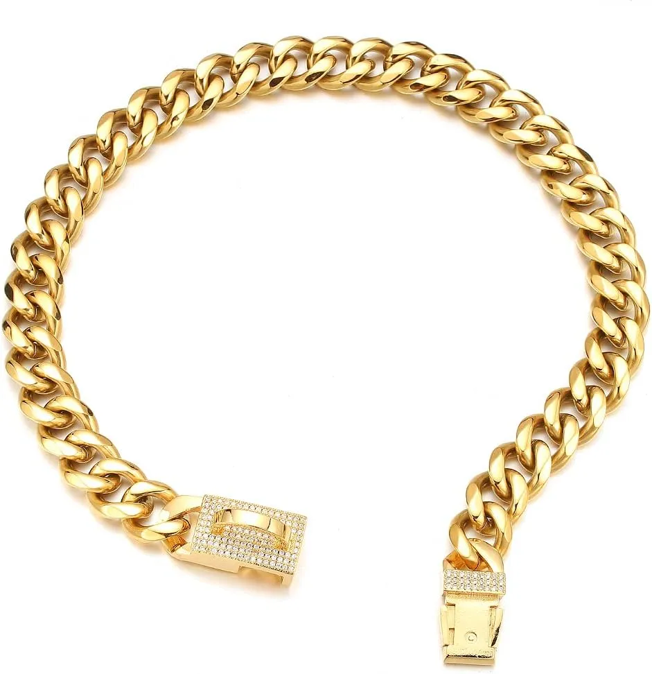 Gold Dog Chain Collar 18K Cuban Link Chain Collar with Dog ID Tag and Bell 15mm/19mm Walking Metal Stainless Steel Dog Chain Collar for Medium Large Dogs 10-26inch(15mm,16inch)