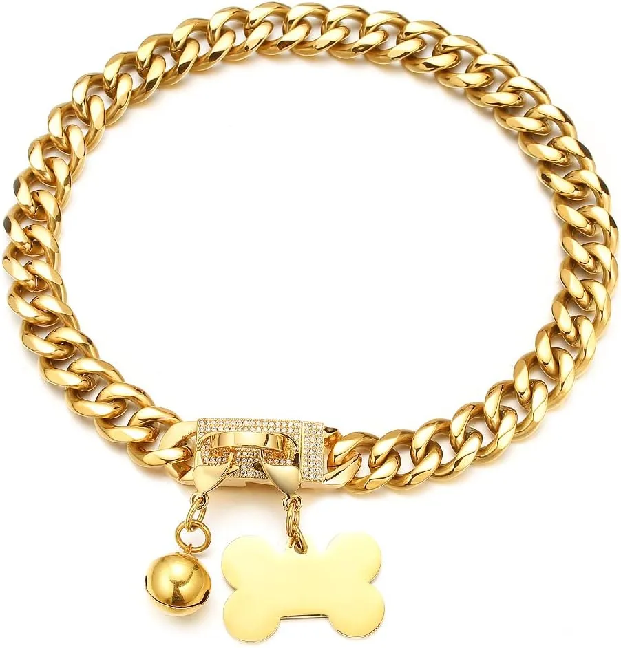 Gold Dog Chain Collar 18K Cuban Link Chain Collar with Dog ID Tag and Bell 15mm/19mm Walking Metal Stainless Steel Dog Chain Collar for Medium Large Dogs 10-26inch(15mm,16inch)