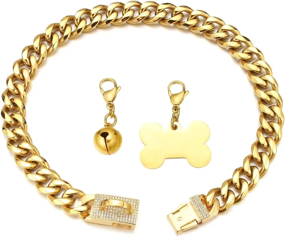Gold Dog Chain Collar 18K Cuban Link Chain Collar with Dog ID Tag and Bell 15mm/19mm Walking Metal Stainless Steel Dog Chain Collar for Medium Large Dogs 10-26inch(15mm,16inch)