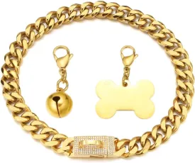 Gold Dog Chain Collar 18K Cuban Link Chain Collar with Dog ID Tag and Bell 15mm/19mm Walking Metal Stainless Steel Dog Chain Collar for Medium Large Dogs 10-26inch(15mm,16inch)