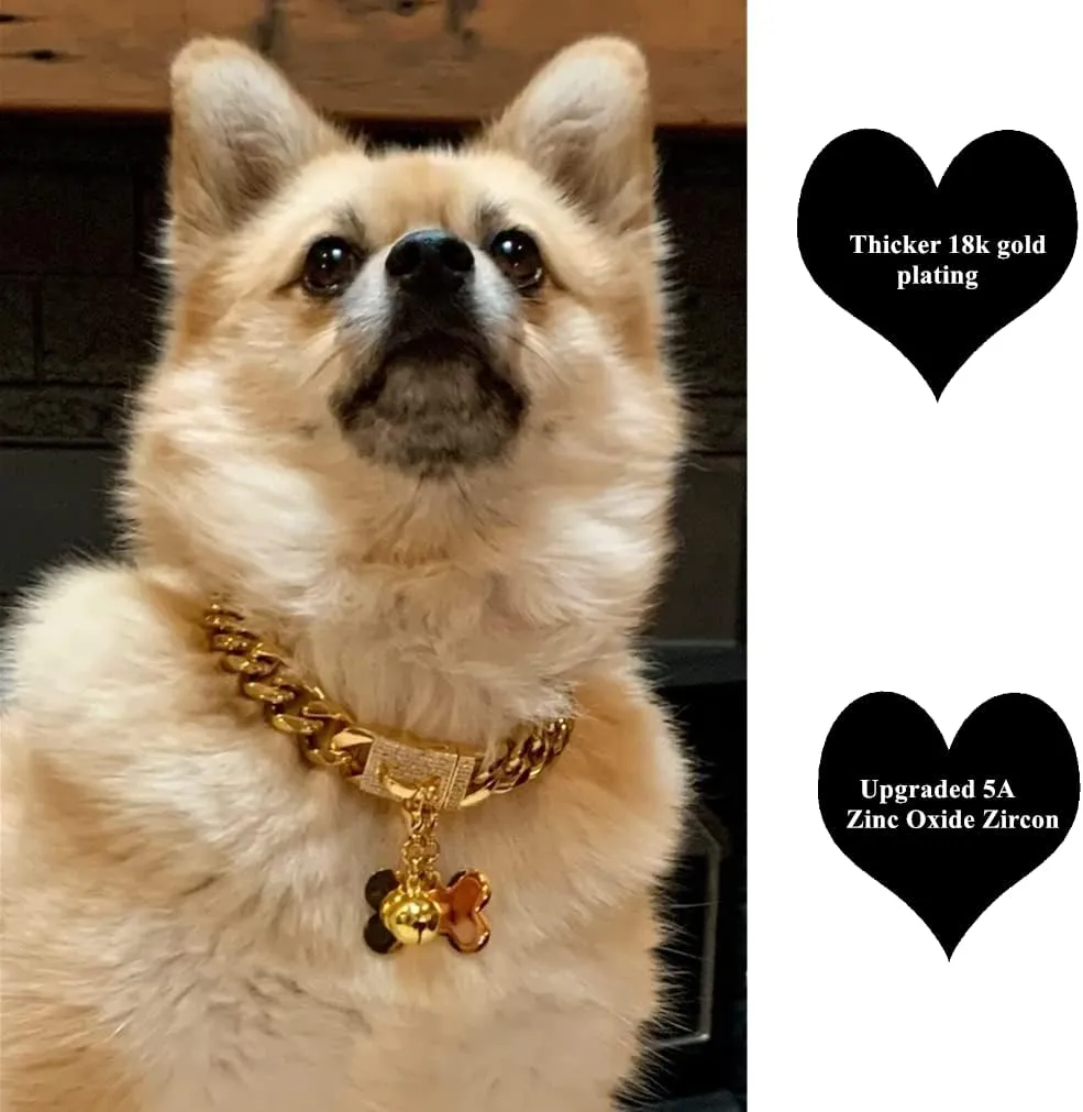 Gold Dog Chain Collar 18K Cuban Link Chain Collar with Dog ID Tag and Bell 15mm/19mm Walking Metal Stainless Steel Dog Chain Collar for Medium Large Dogs 10-26inch(15mm,16inch)