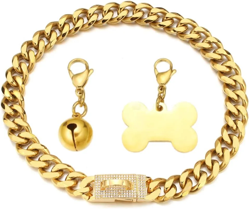 Gold Dog Chain Collar 18K Cuban Link Chain Collar with Dog ID Tag and Bell 15mm/19mm Walking Metal Stainless Steel Dog Chain Collar for Medium Large Dogs 10-26inch(15mm,16inch)