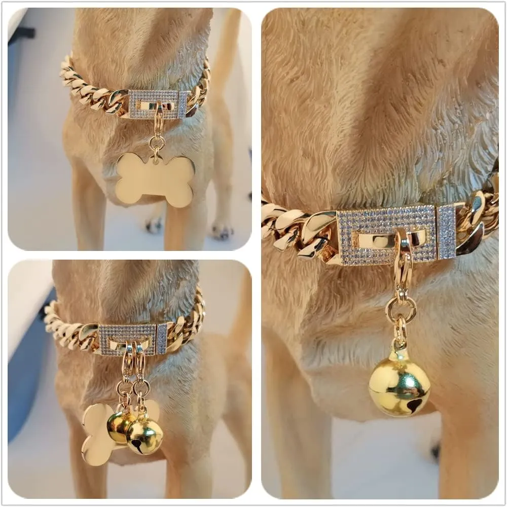 Gold Dog Chain Collar 18K Cuban Link Chain Collar with Dog ID Tag and Bell 15mm/19mm Walking Metal Stainless Steel Dog Chain Collar for Medium Large Dogs 10-26inch(15mm,16inch)