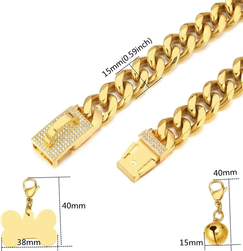 Gold Dog Chain Collar 18K Cuban Link Chain Collar with Dog ID Tag and Bell 15mm/19mm Walking Metal Stainless Steel Dog Chain Collar for Medium Large Dogs 10-26inch(15mm,16inch)