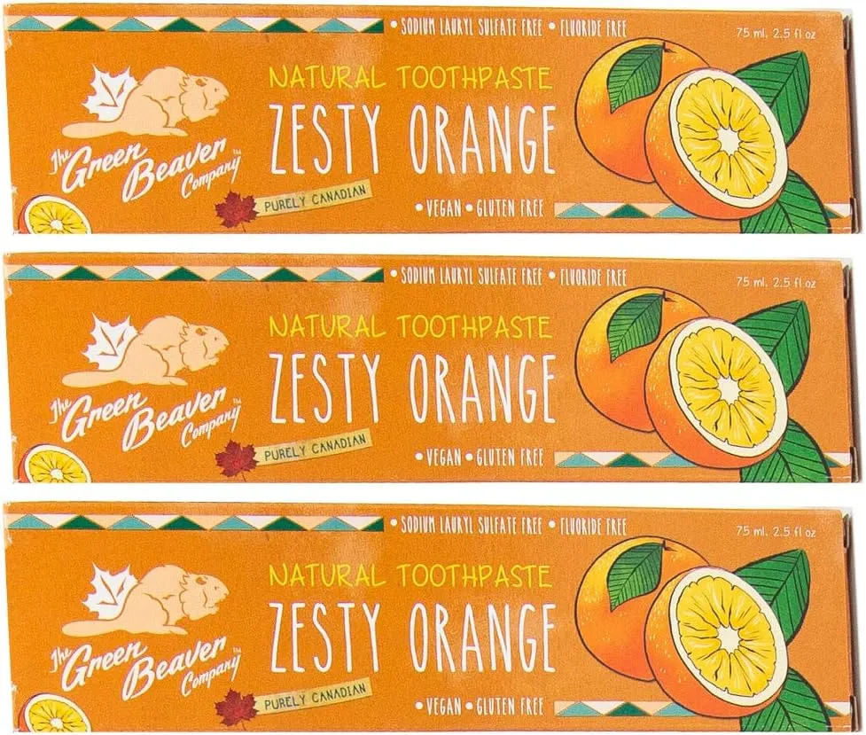 Green Beaver All Natural Organic Toothpaste, Vegan, Fluoride Free & Gluten Free Toothpaste, Zesty Orange Flavor, 75ml, 3 Pack