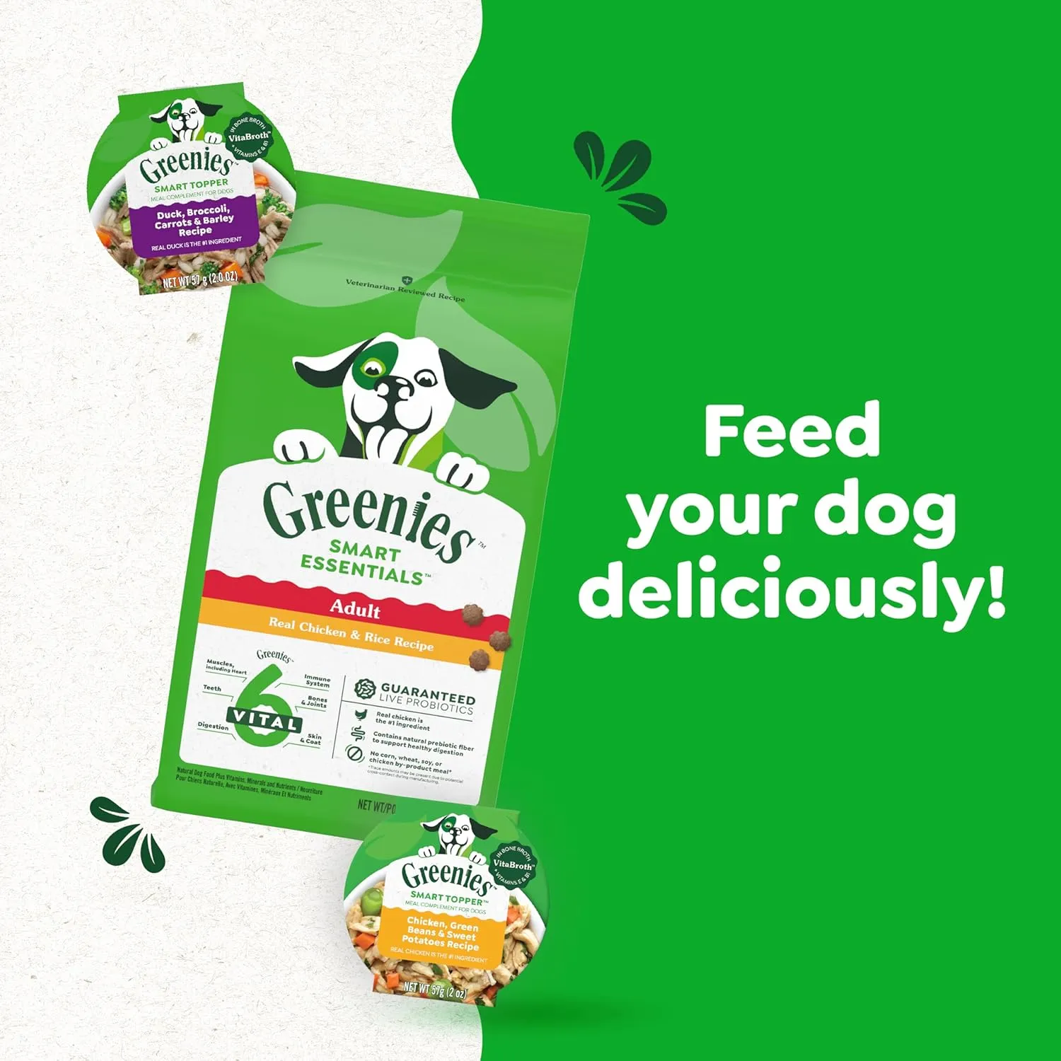 Greenies Smart Topper High Protein Wet Mix-in for Dogs, Duck, Broccoli, Carrots & Barley Recipe in Vitabroth Broth - Bone Broth   Vitamins E & B1, 10 Count