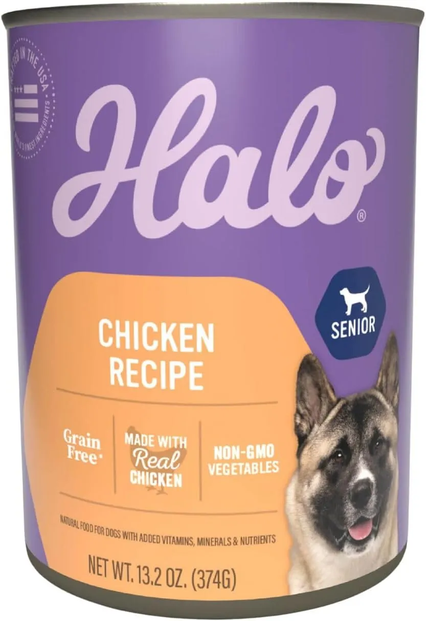 Halo Senior Wet Dog Food Whole Chicken Recipe, Grain Free Real Meat Canned Dog Food for Senior Dogs, Meal or Topper, 13.2 Oz Can (Pack of 6)