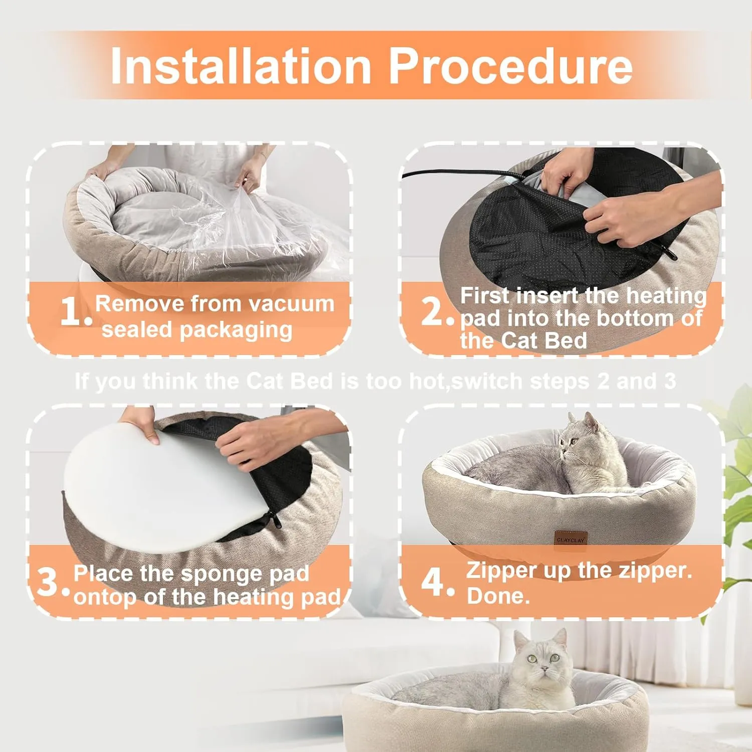 Heated Cat Bed for Indoor Cats - 20" Cozy Washable With Timer & Temperature Adjustable, Non-Slip Bottom, Removable, Pet Heating Pad With Waterproof
