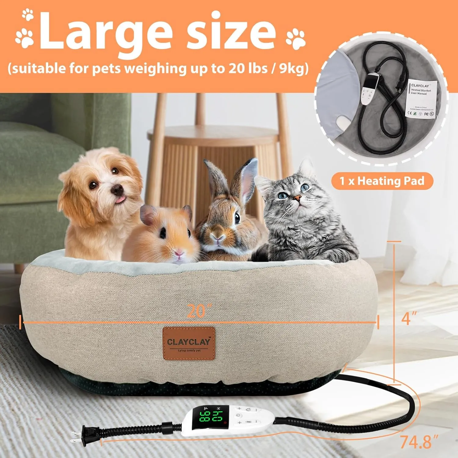 Heated Cat Bed for Indoor Cats - 20" Cozy Washable With Timer & Temperature Adjustable, Non-Slip Bottom, Removable, Pet Heating Pad With Waterproof