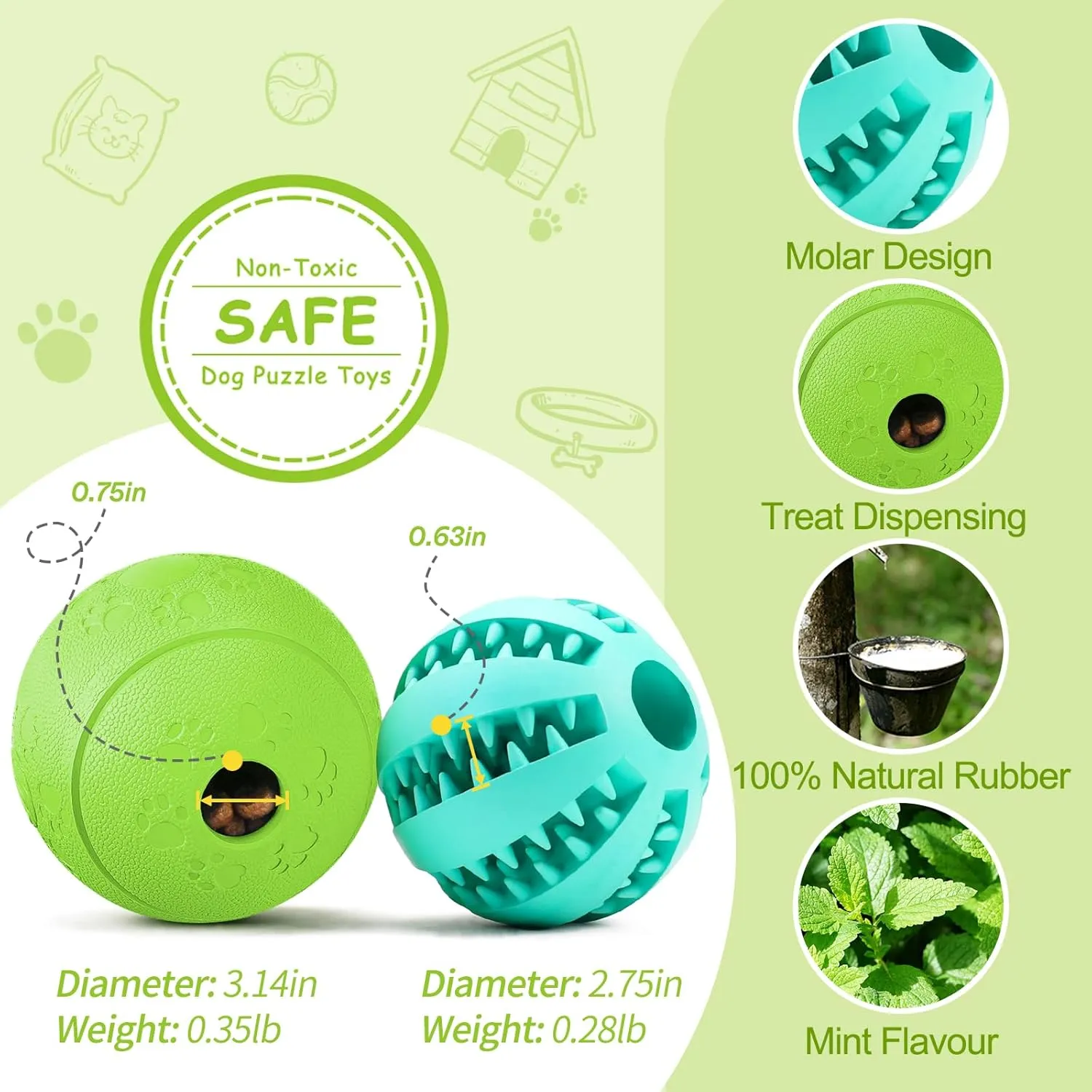 HIPPIH Dog Puzzle Toy 2 Pack, Interactive Dog Toys for Treat Dispensing, Durable Puppy Toys for Teething, Dog Treat Ball for Teeth/Slow Feeder/IQ Training/Playing, Blue-2.75, Green-3.14