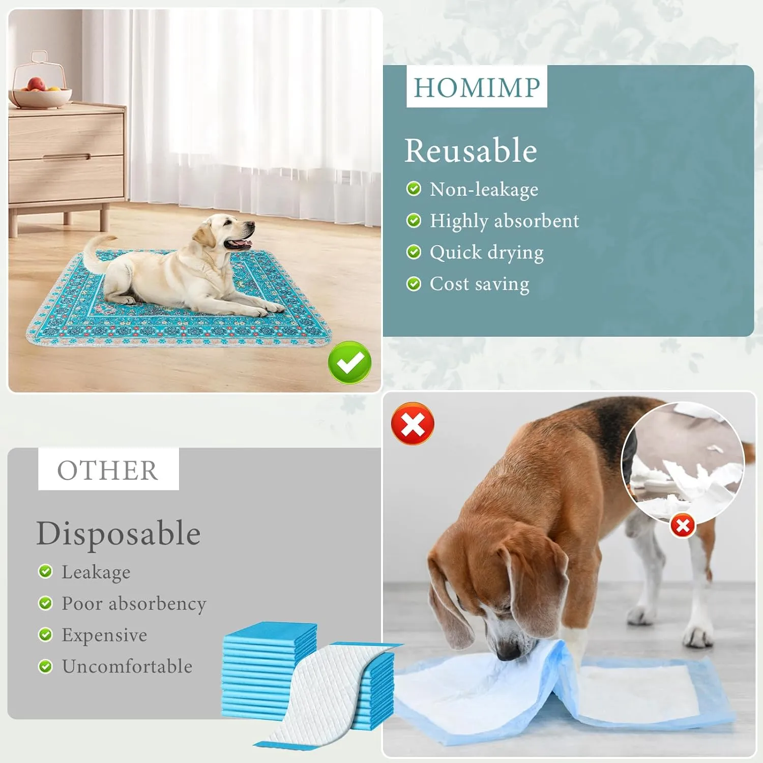 Homimp Washable Pee Pads for Dogs, 2 Pack Reusable Puppy Pads Waterproof, Absorbent and Leakproof Dog Pee Pads, Non Slip Puppy Training Pads, Pet Mat for Floor, Crate, Couch, Whelping,Blue 48"x48"