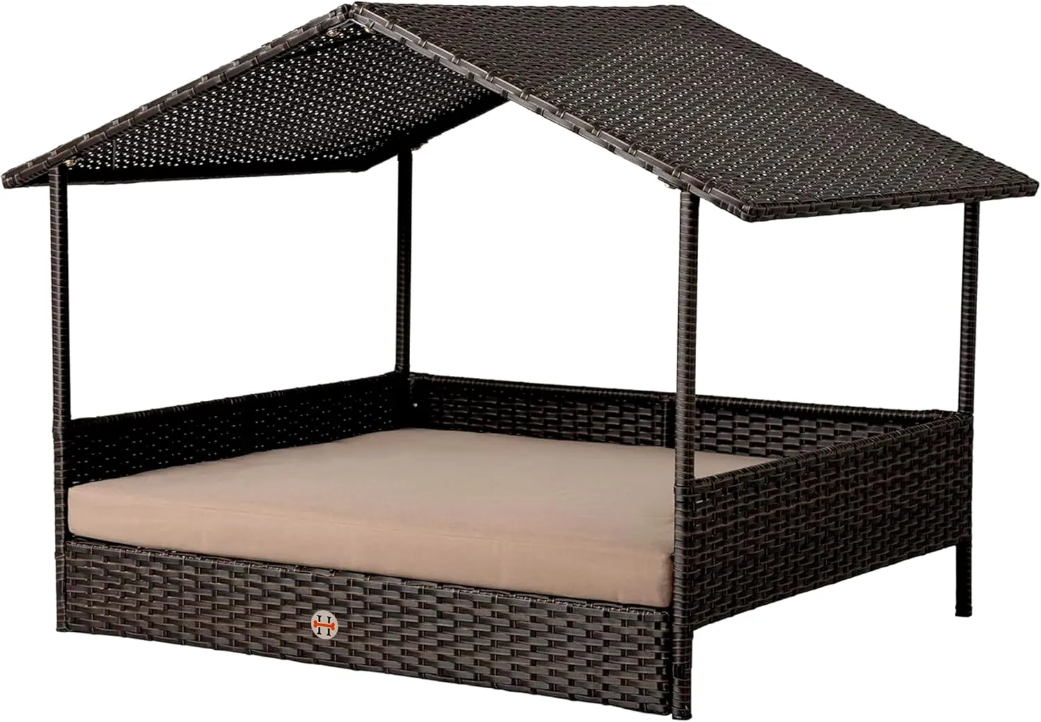 Huntley Pet Rattan Wicker Indoor Outdoor Cabana Raised Pet Bed with Canopy, Weather Proof Cushion Cover