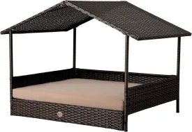 Huntley Pet Rattan Wicker Indoor Outdoor Cabana Raised Pet Bed with Canopy, Weather Proof Cushion Cover