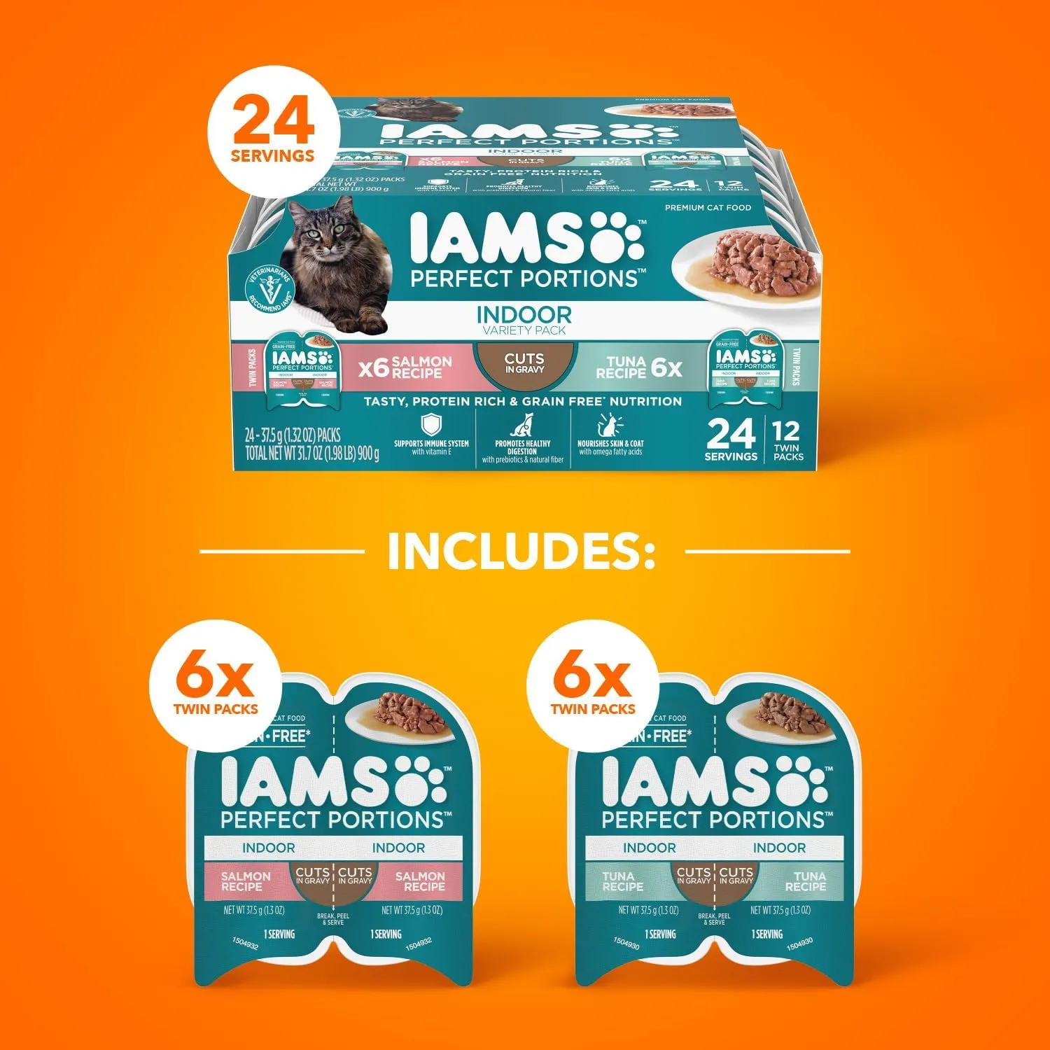 IAMS PERFECT PORTIONS Indoor Adult Grain Free Wet Cat Food Cuts in Gravy Variety Pack, Tuna Recipe and Salmon Recipe, (12) 2.6 oz. Easy Peel Twin-Pack Trays