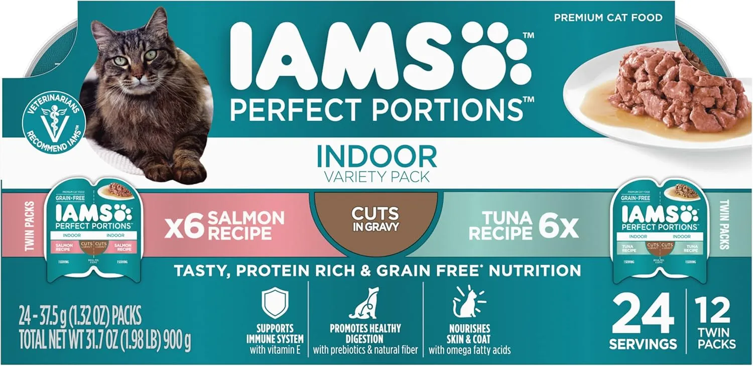 IAMS PERFECT PORTIONS Indoor Adult Grain Free Wet Cat Food Cuts in Gravy Variety Pack, Tuna Recipe and Salmon Recipe, (12) 2.6 oz. Easy Peel Twin-Pack Trays