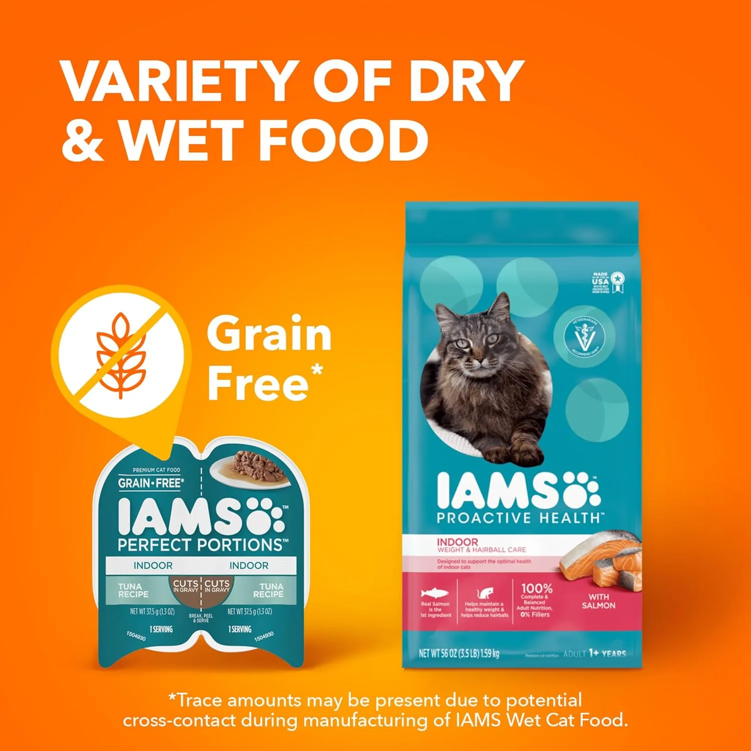 IAMS PERFECT PORTIONS Indoor Adult Grain Free Wet Cat Food Cuts in Gravy Variety Pack, Tuna Recipe and Salmon Recipe, (12) 2.6 oz. Easy Peel Twin-Pack Trays