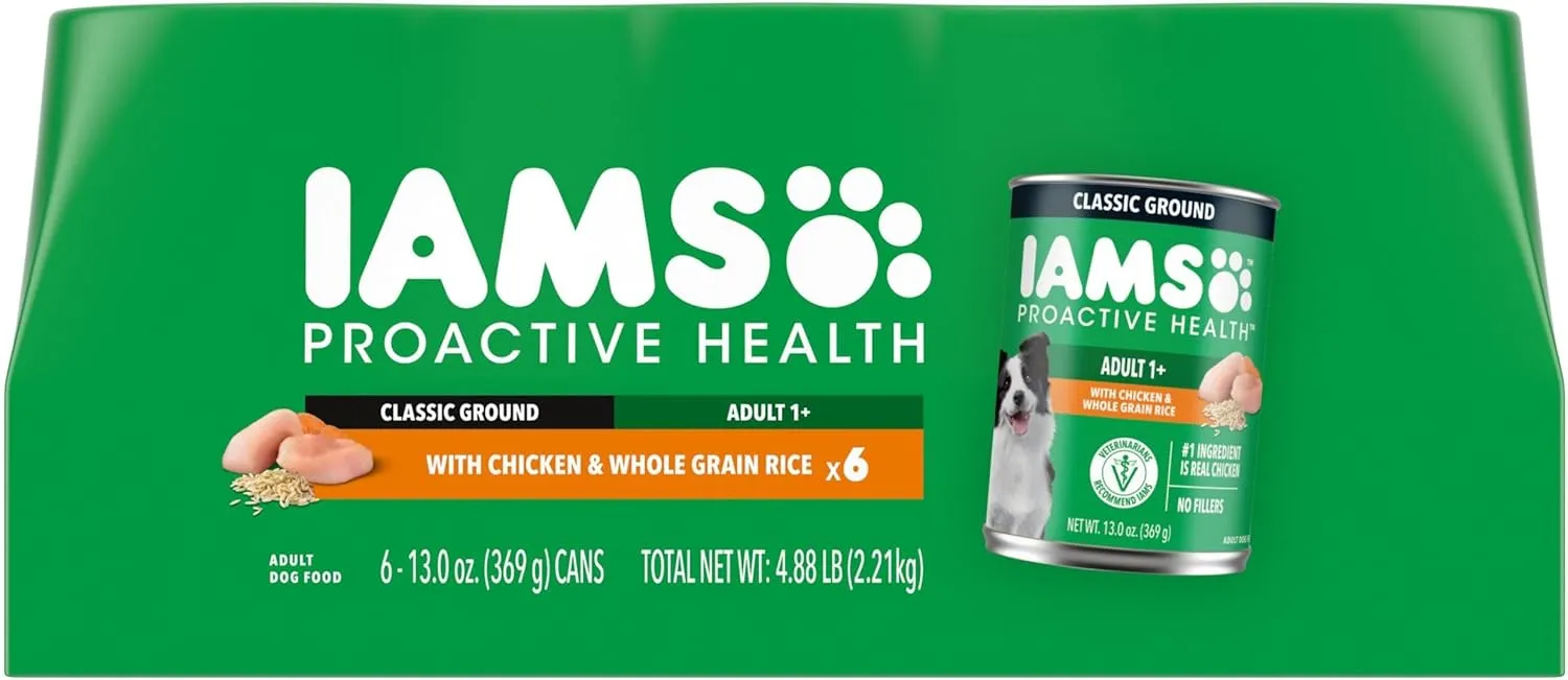 IAMS Proactive Health Adult Wet Dog Food Classic Ground with Chicken and Rice, 13 oz. Cans, Pack of 6