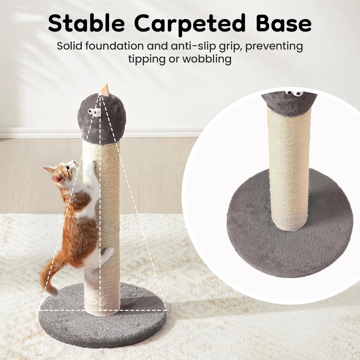 Indoor Cat Scratching Post: 22 in Tall Cat Scratcher with Natural Sisal Rope, Cute Monster Design Kitty Pet Tower with Sturdy Wood Base, Great Gift for Small and Large Kittens, Grey