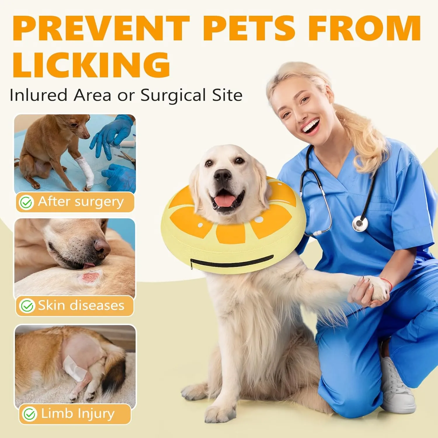Inflatable Dog Cone Collar to Stop Licking, Soft Neck Donut Collar After Surgery, Adjustable Recovery Cone for Small Medium Large Dogs (Orange,M)