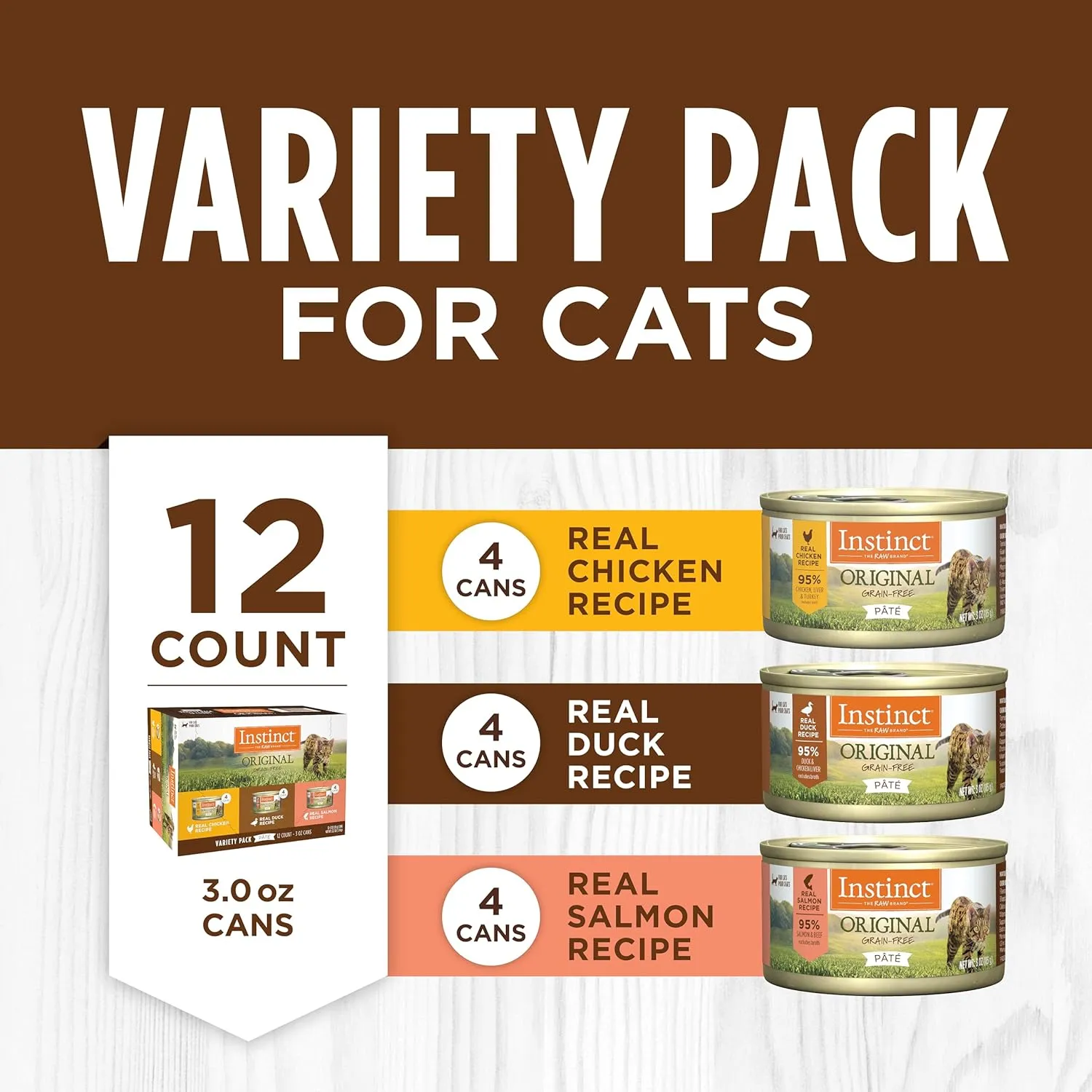 Instinct Original Grain Free Recipe Variety Pack Natural Wet Canned Cat Food by Nature's Variety, 3 Ounce (Pack of 12)