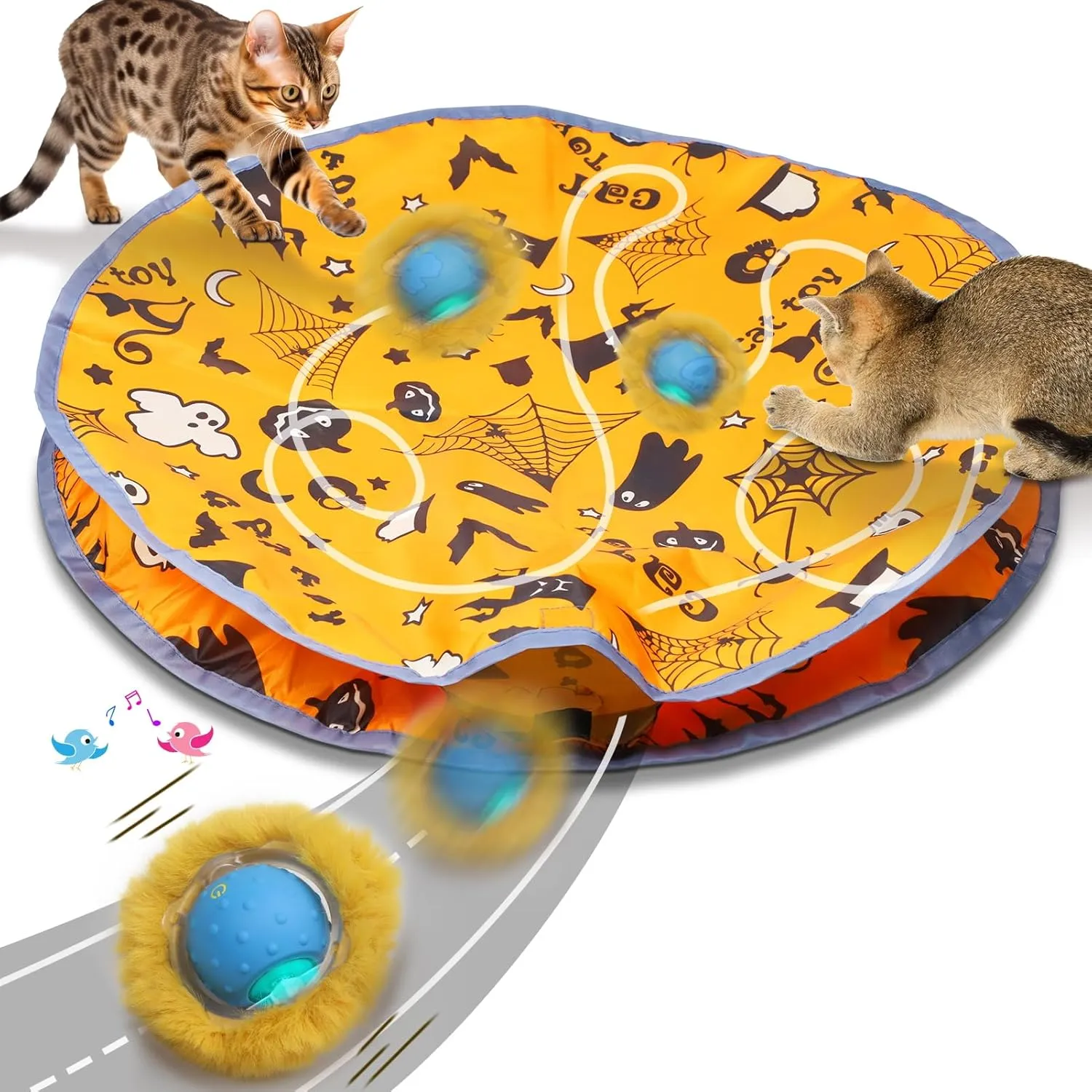 Interactive Cat Toys Ball Rolling in The Pouch, Chirping & Motion Activated Interactive Ball Toy Begins Hide and Seek Game in Mat, Rechargeable Exercise Cat Toy