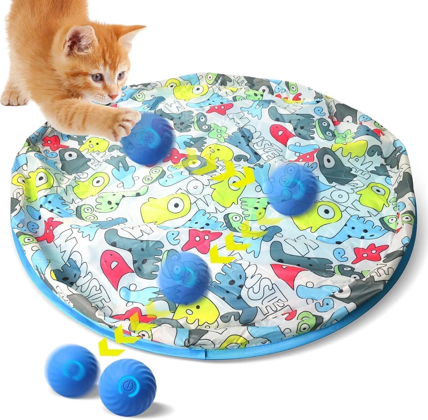 Interactive Cat Toys, Fast Bouncing & Rolling Ball in Play Mat, Automatic Motion Activated Moving Ball Hide and Seek Game for Indoor Exercise Kicker, 27.5 Inch Play Mat