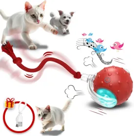 Interactive Cat Toys for Indoor Cats, 360 Smart Automatic Rolling Pet Ball, Rollie Pet Cat Toy, Electric Rolling Ball Dog Toy, Moving Cat Ball with Mesh Tail, Interactive Dog Toys for Small Dogs-Red