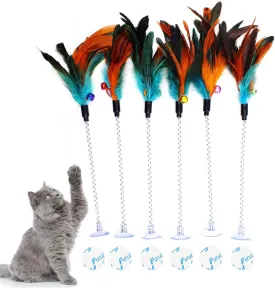 IUHKBH Cat Feather Wands, 6 PCS Spring Cat Teaser Wands with Bell Self Play Feather Toys Interactive Kitten Wand