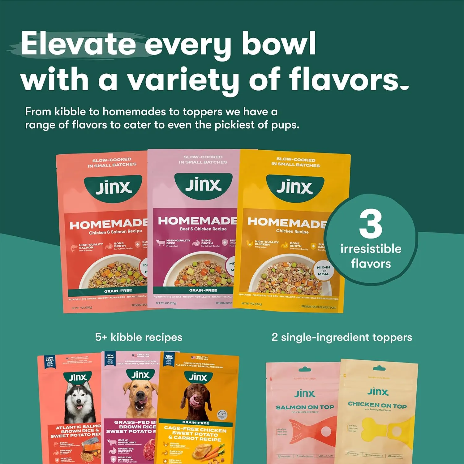 Jinx Salmon Wet Dog Food Topper, Mix with Dry Dog Food, Made with Real Salmon & Chicken, Bone Broth, No Fillers, Puppy, Adult, Senior, 9oz, 6 Pack
