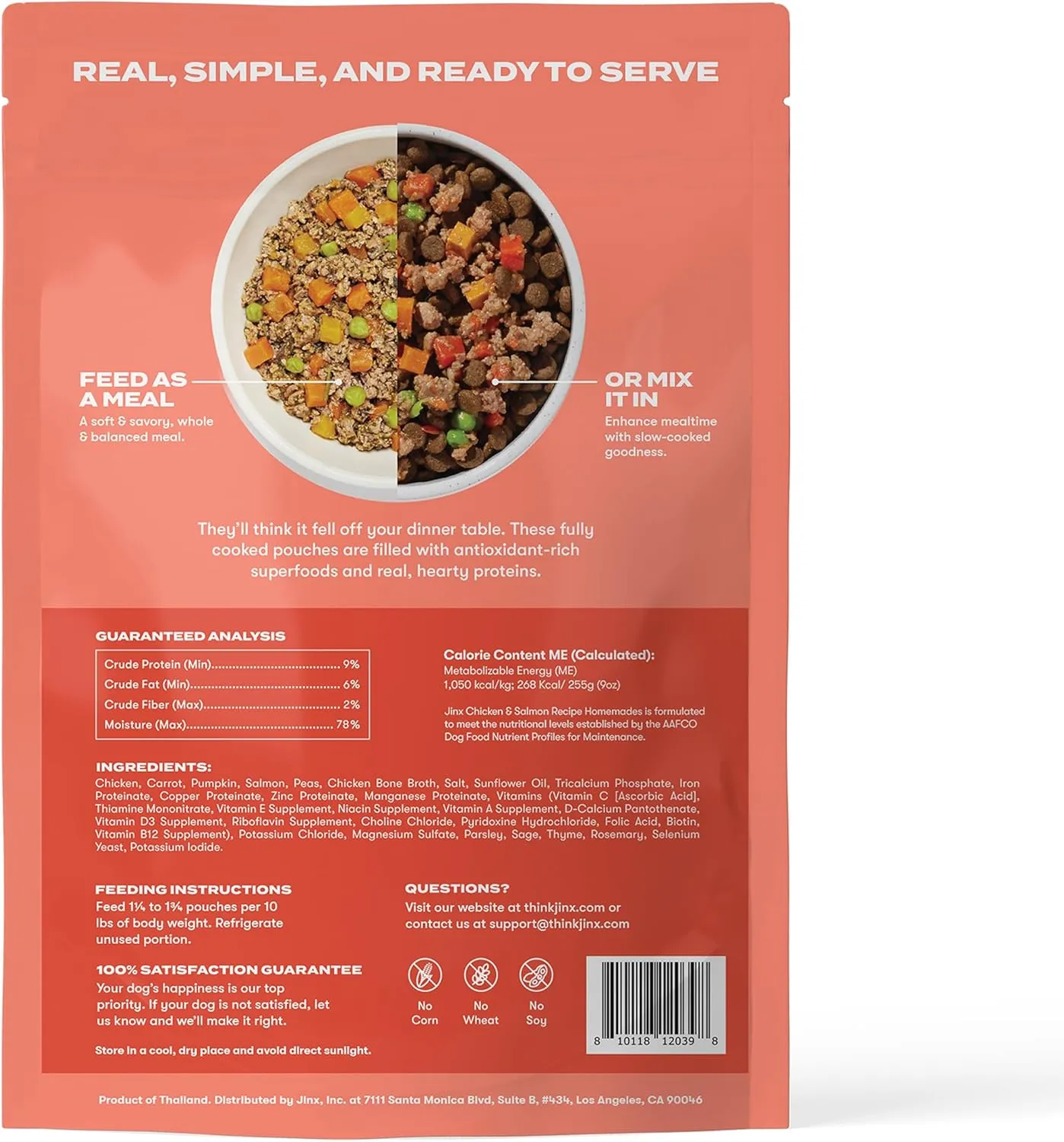 Jinx Salmon Wet Dog Food Topper, Mix with Dry Dog Food, Made with Real Salmon & Chicken, Bone Broth, No Fillers, Puppy, Adult, Senior, 9oz, 6 Pack
