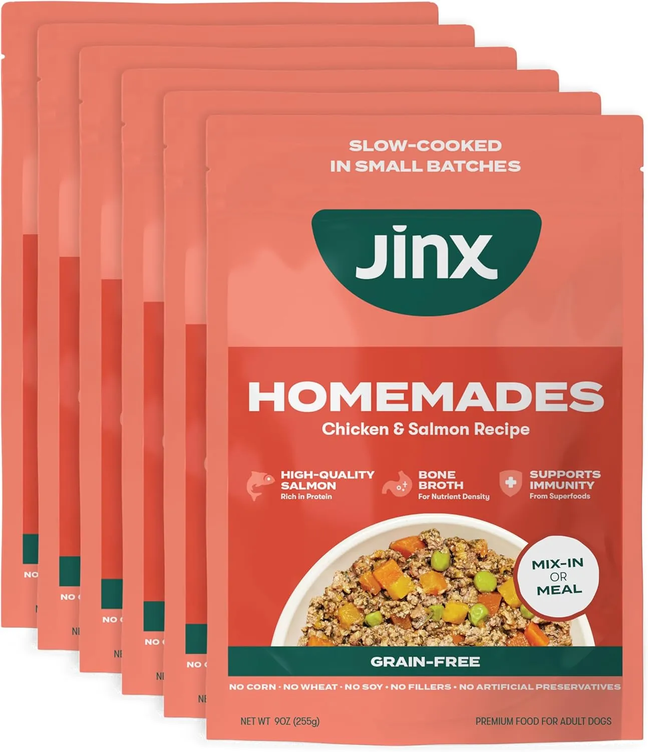 Jinx Salmon Wet Dog Food Topper, Mix with Dry Dog Food, Made with Real Salmon & Chicken, Bone Broth, No Fillers, Puppy, Adult, Senior, 9oz, 6 Pack
