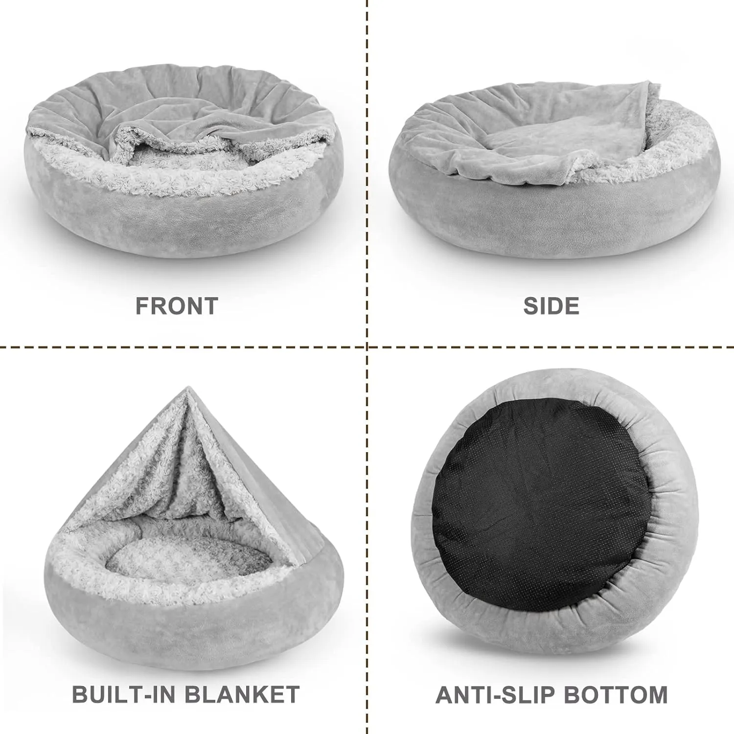 JOEJOY Small Dog Bed Cat Bed with Hooded Blanket, Cozy Cuddler Luxury Puppy Pet Bed, Donut Round Calming Anti-Anxiety Dog Burrow Cave Bed - Anti-Slip Bottom and Machine Washable 23 inch