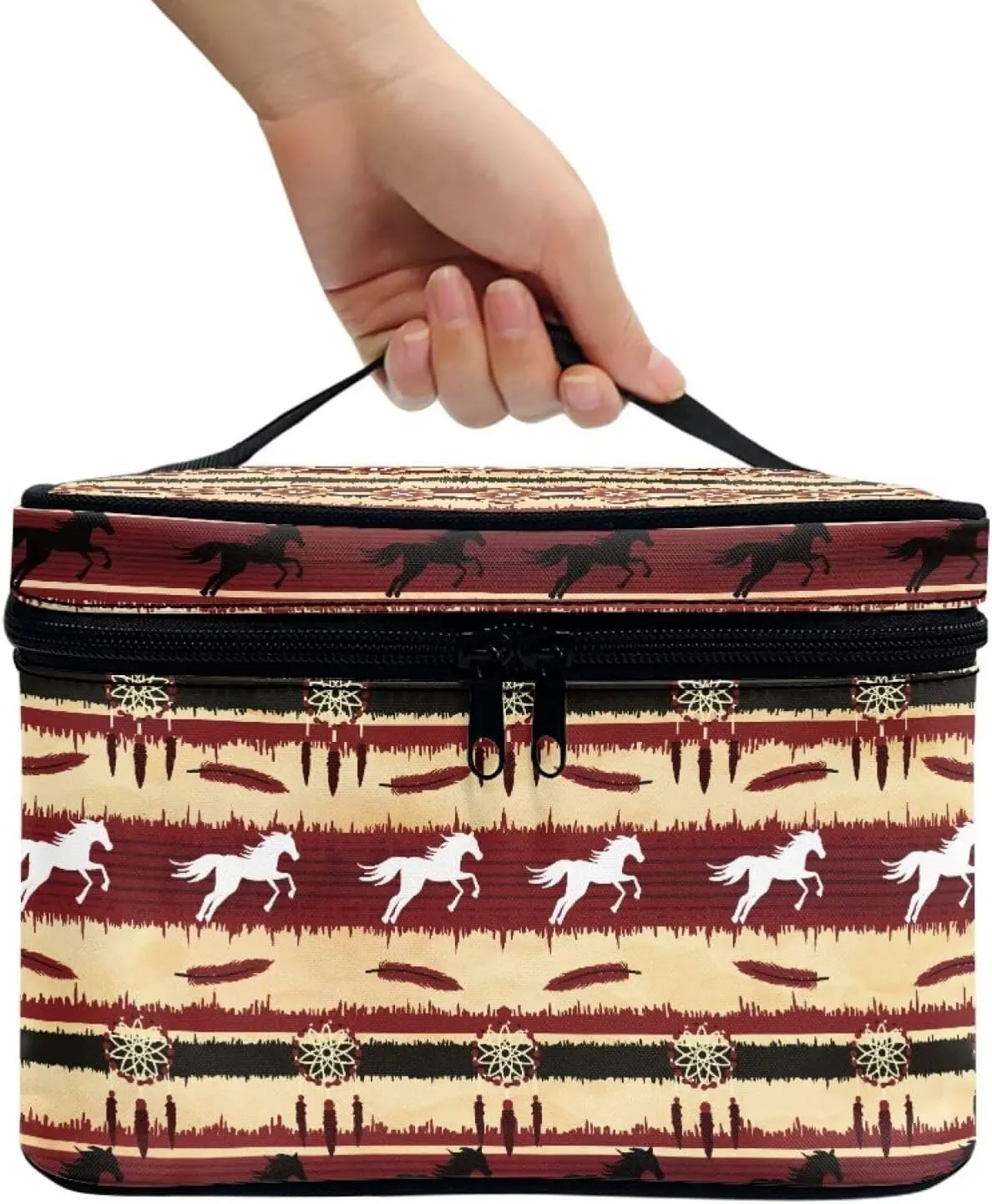 JoyLamoria Aztec Horse Makeup Bag Portable Cosmetic Bag Large Capacity Handbag Wallet Coin Purse Pouch with Handle