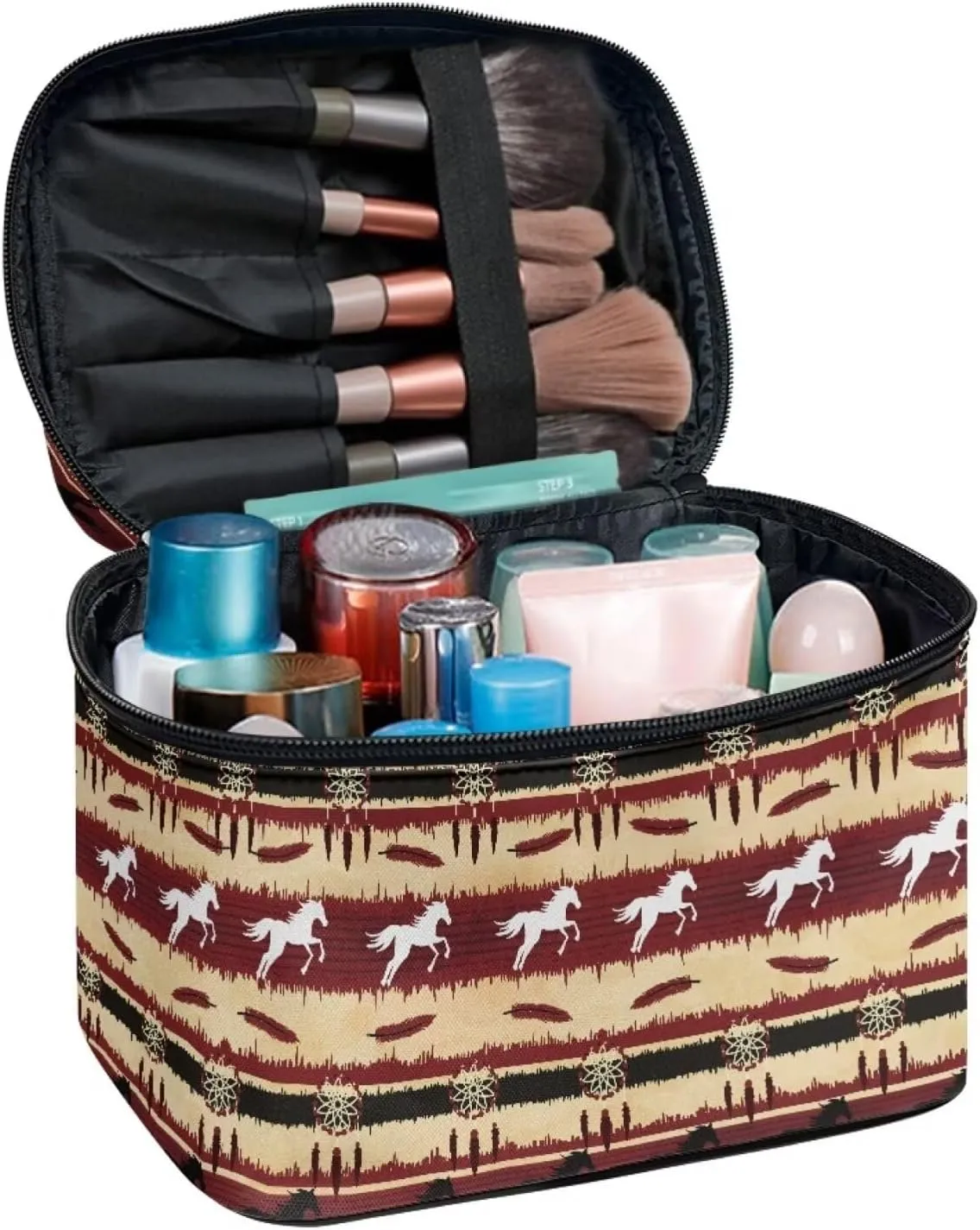 JoyLamoria Aztec Horse Makeup Bag Portable Cosmetic Bag Large Capacity Handbag Wallet Coin Purse Pouch with Handle