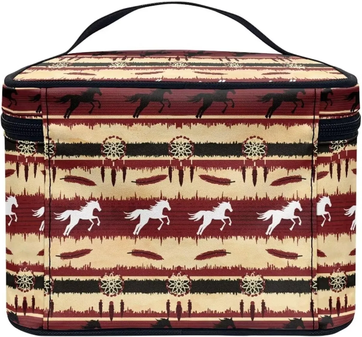JoyLamoria Aztec Horse Makeup Bag Portable Cosmetic Bag Large Capacity Handbag Wallet Coin Purse Pouch with Handle