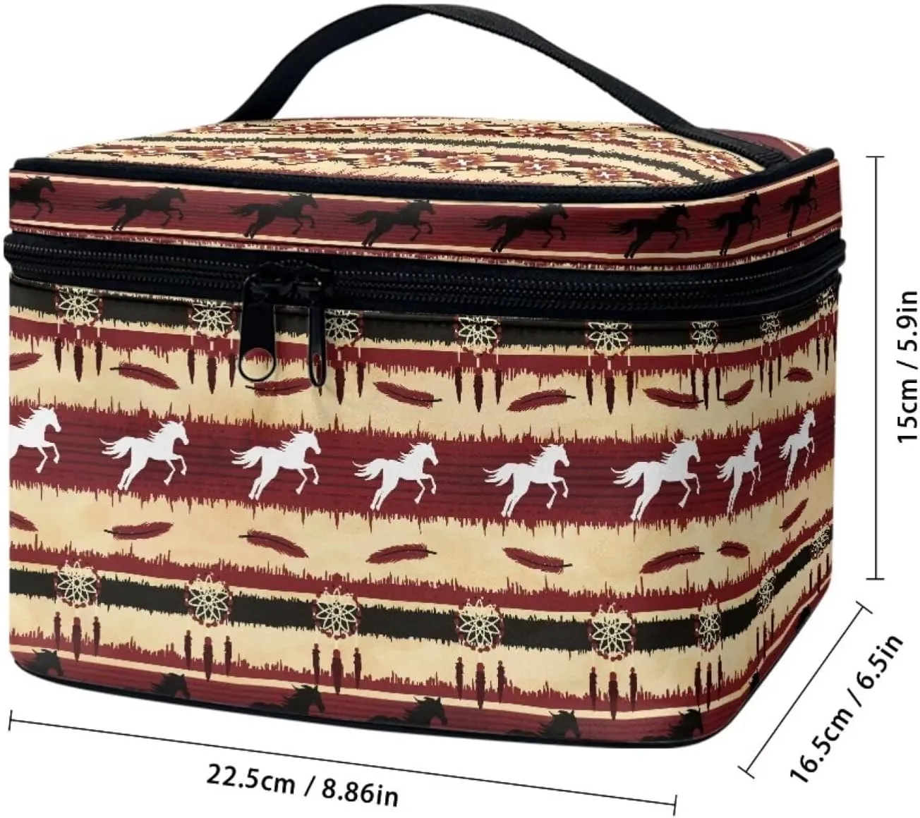 JoyLamoria Aztec Horse Makeup Bag Portable Cosmetic Bag Large Capacity Handbag Wallet Coin Purse Pouch with Handle