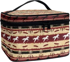 JoyLamoria Aztec Horse Makeup Bag Portable Cosmetic Bag Large Capacity Handbag Wallet Coin Purse Pouch with Handle
