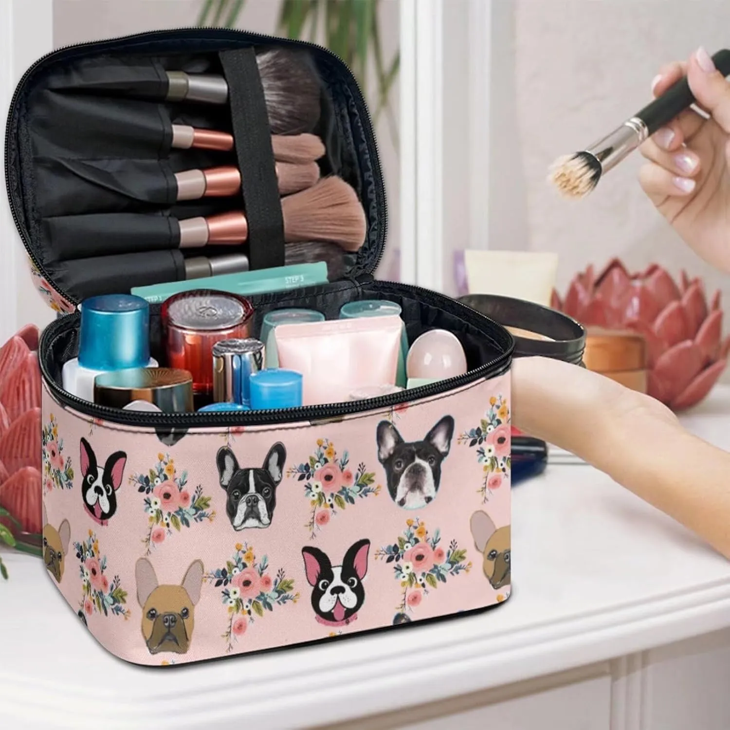 JoyLamoria Boston Bulldog Makeup Case Portable Cosmetic Bag Toiletry Containers for Women