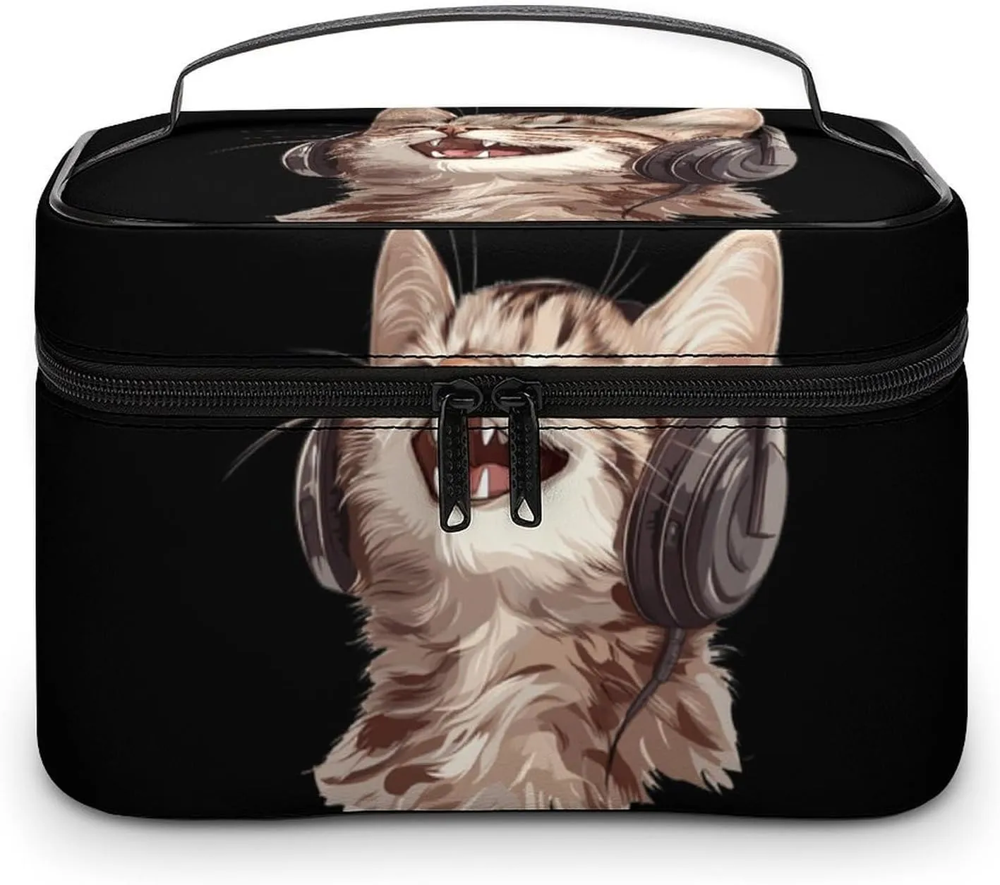 Kitten Cat with Headphones Portable Makeup Bag Large Capacity Toiletry Receiving Cosmetic Bags With Handle And Divider