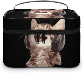 Kitten Cat with Headphones Portable Makeup Bag Large Capacity Toiletry Receiving Cosmetic Bags With Handle And Divider