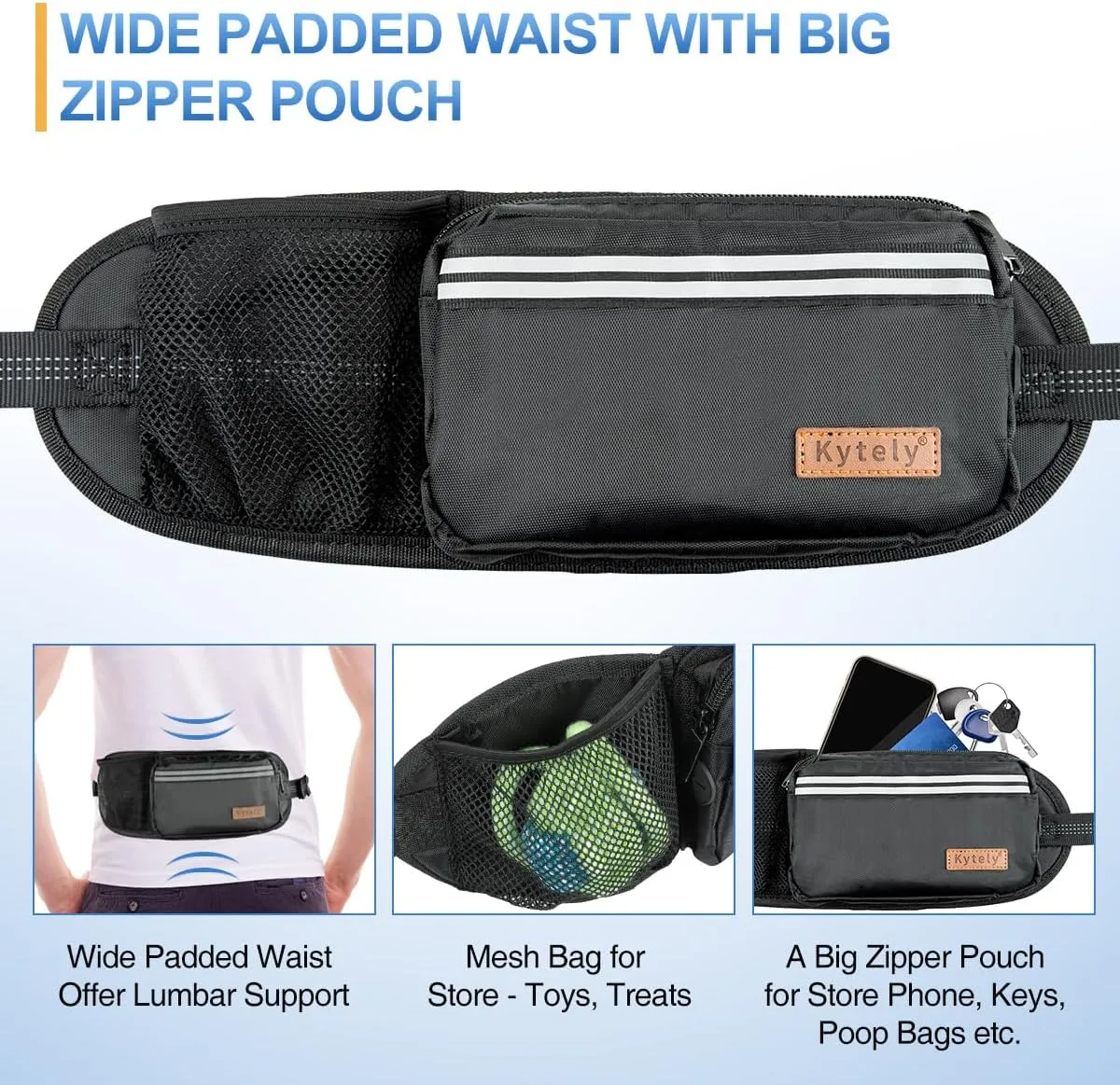 Kytely Hands-Free Dog Leash for 2 Dogs - Retractable Bungee Waist Leash with Zipper Pouch, Wide Padded Waist Belt & Dual Cushioned Handles for Running, Walking, Hiking, Jogging, and Dog Training