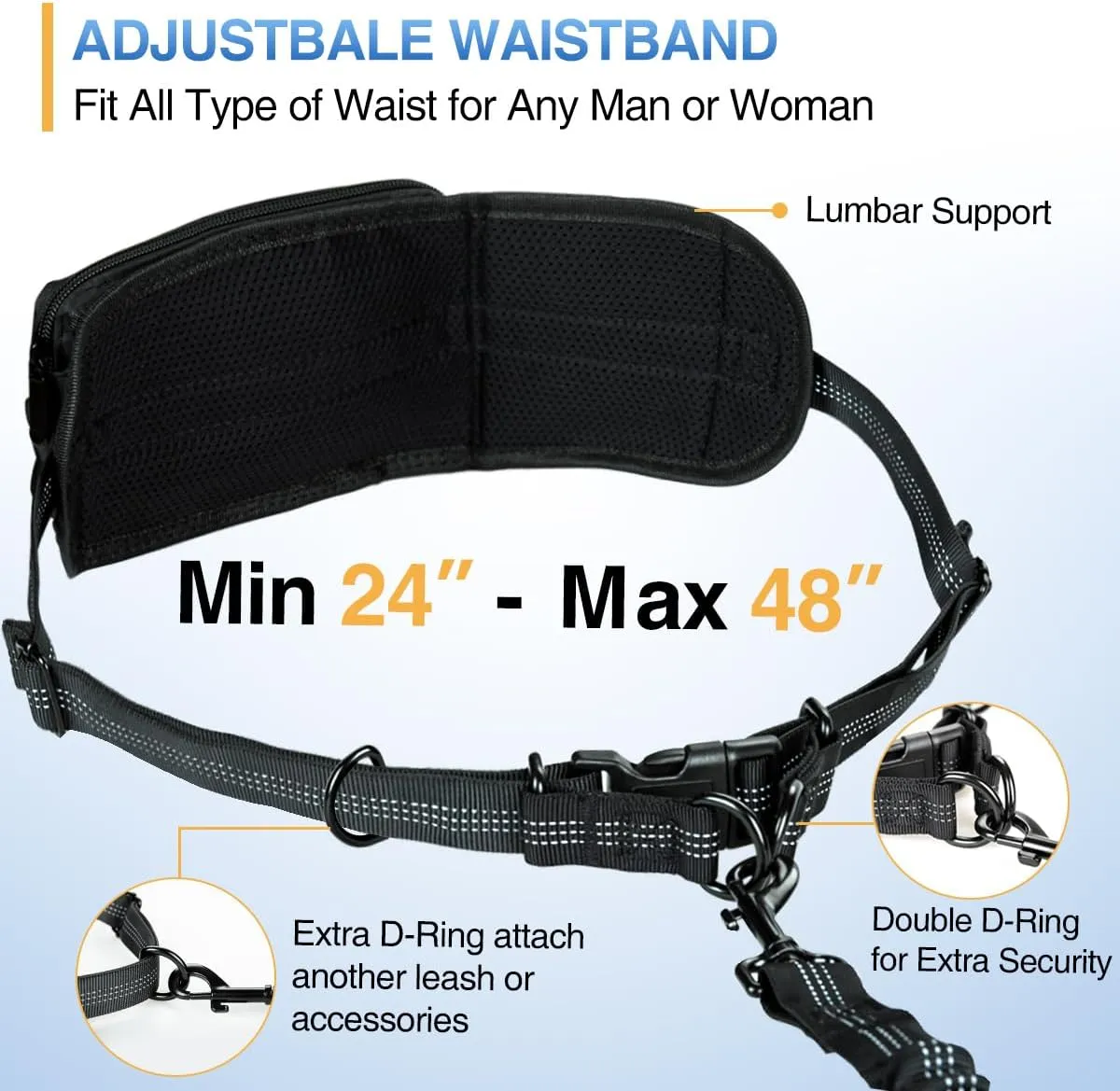 Kytely Hands-Free Dog Leash for 2 Dogs - Retractable Bungee Waist Leash with Zipper Pouch, Wide Padded Waist Belt & Dual Cushioned Handles for Running, Walking, Hiking, Jogging, and Dog Training