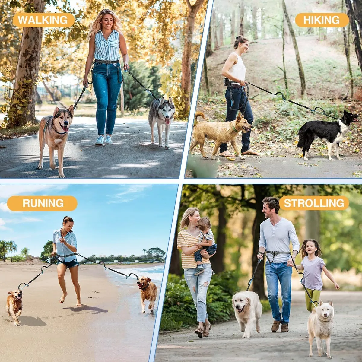 Kytely Hands-Free Dog Leash for 2 Dogs - Retractable Bungee Waist Leash with Zipper Pouch, Wide Padded Waist Belt & Dual Cushioned Handles for Running, Walking, Hiking, Jogging, and Dog Training
